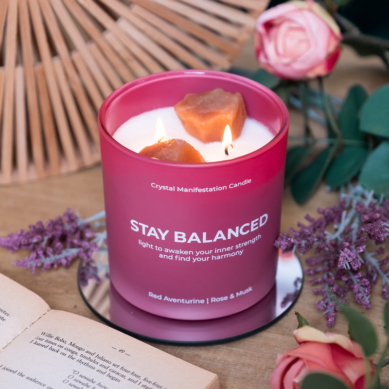 Stay Balanced Crystal Manifestation Candle - Rose & Musk with Red Aventurine