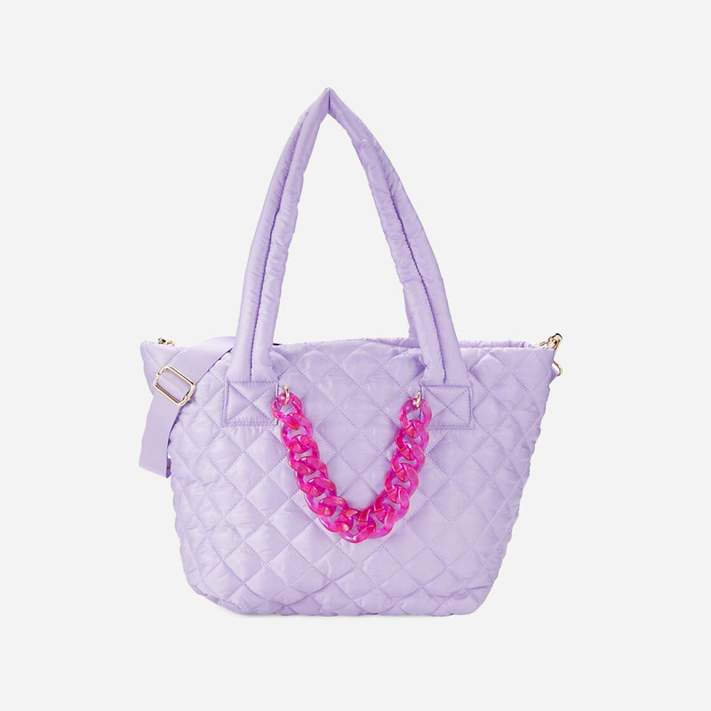 Lavender Quilted Nylon Tote with Chain