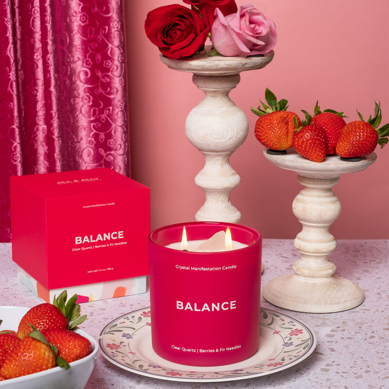 Balance Crystal Manifestation Candle - Berries & Fir Needle Scented with Clear Quartz
