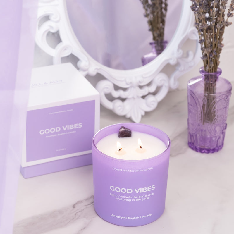 Good Vibes Crystal Manifestation Candle - English Lavender with Amethyst