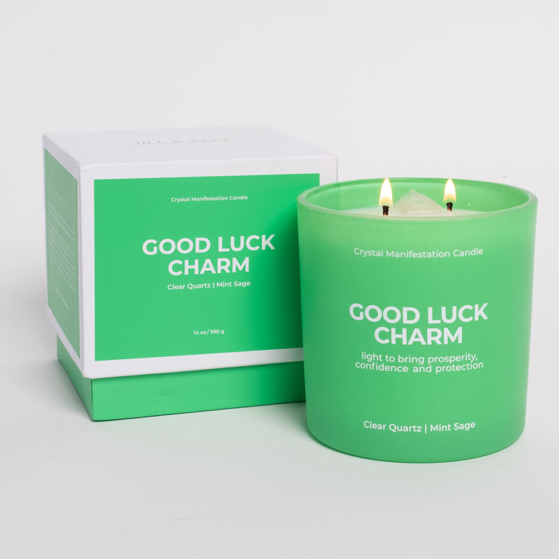 Good Luck Charm Crystal Manifestation Candle - Mint Sage with Clear Quartz