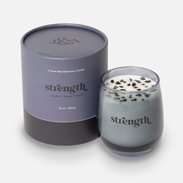 Strength Crystal Affirmation Candle - Sweet Tobacco with Obsidian
