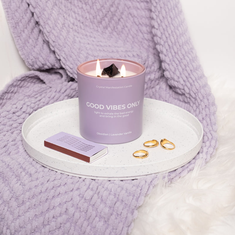 Good Vibes Only Crystal Manifestation Candle - Lavender Vanilla with Obsidian