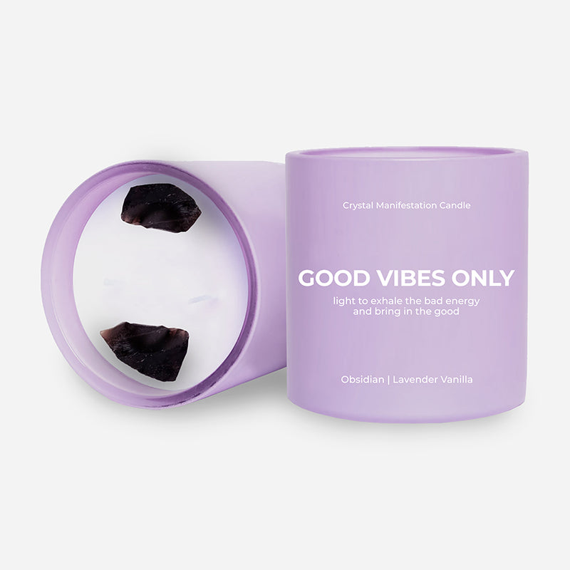 Good Vibes Only Crystal Manifestation Candle - Lavender Vanilla with Obsidian