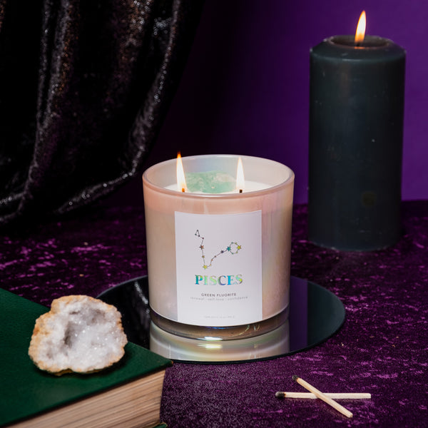 Pisces Crystal Manifestation Candle - Lime Basil & Mandarin with Green Fluorite