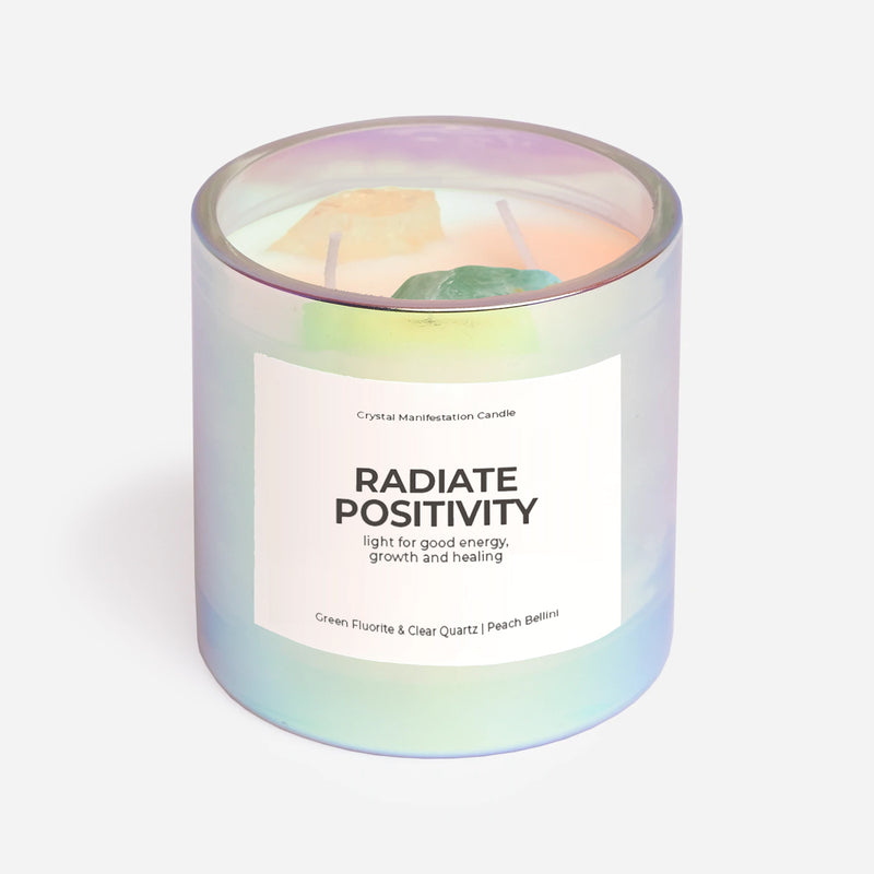 Radiate Positivity Crystal Manifestation Candle - Peach Bellini with Clear Quartz & Green Fluorite