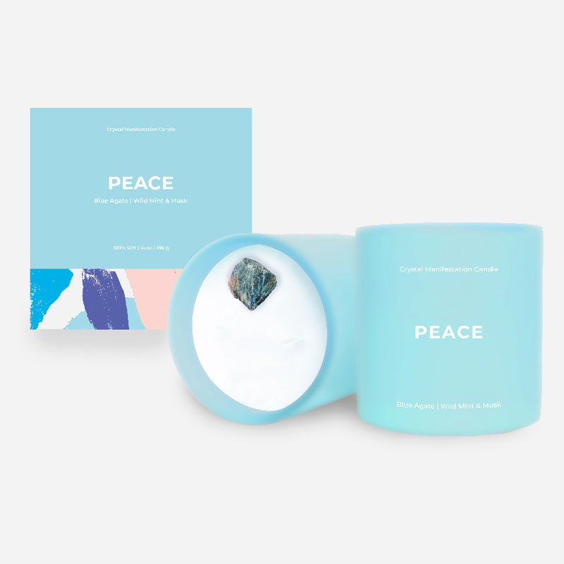 Peace Crystal Manifestation Candle - Wild Mint & Musk Scented with Blue Agate
