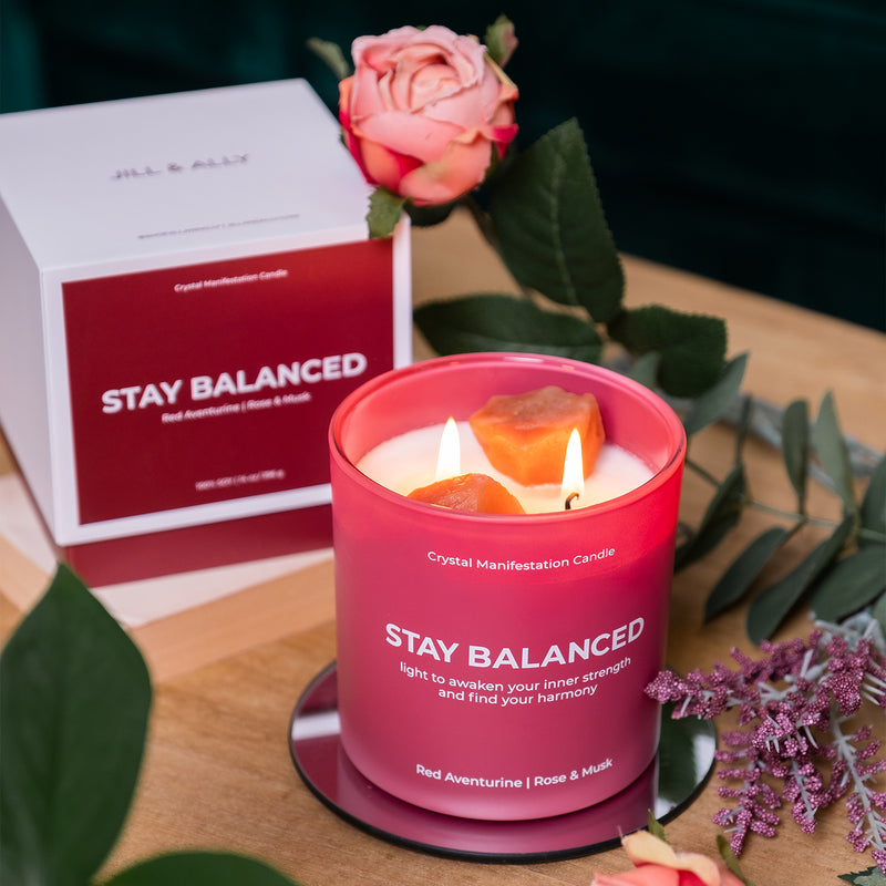 Stay Balanced Crystal Manifestation Candle - Rose & Musk with Red Aventurine