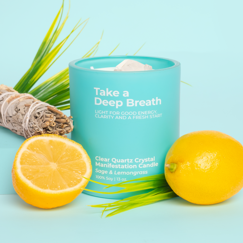 Take A Deep Breath Crystal Manifestation Candle - Sage & Lemongrass with Clear Quartz