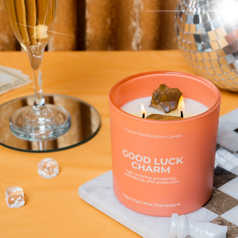 Good Luck Charm Crystal Manifestation Candle - Pink Champagne with Tiger's Eye