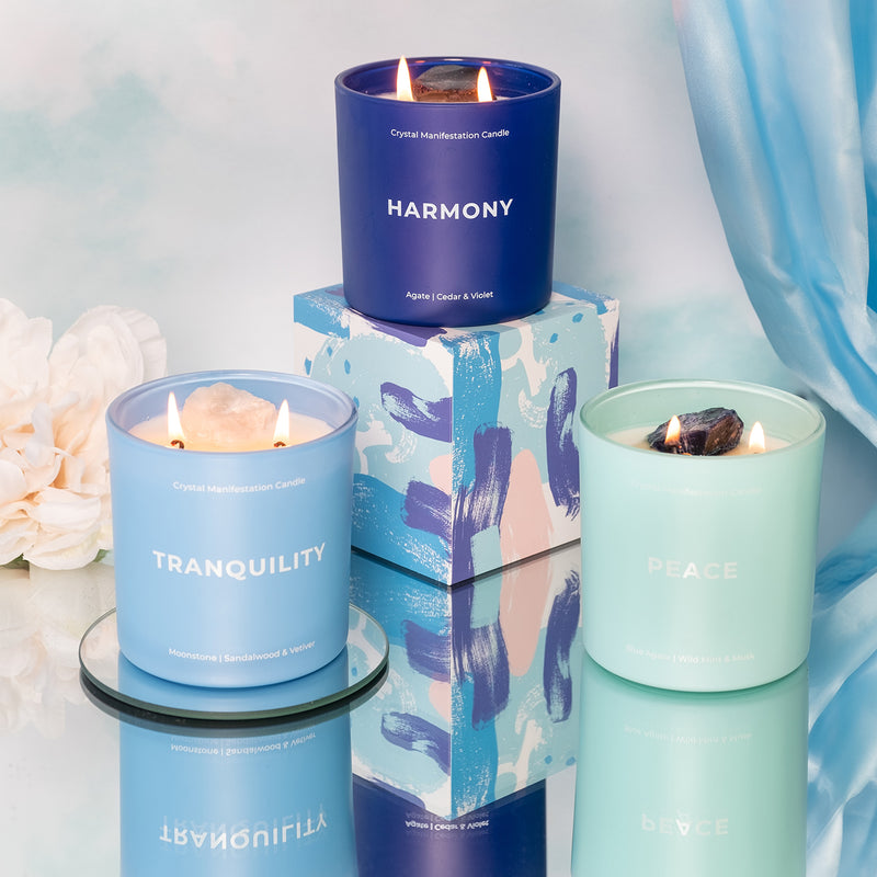 Harmony Crystal Manifestation Candle - Cedar & Violet Scented with Agate